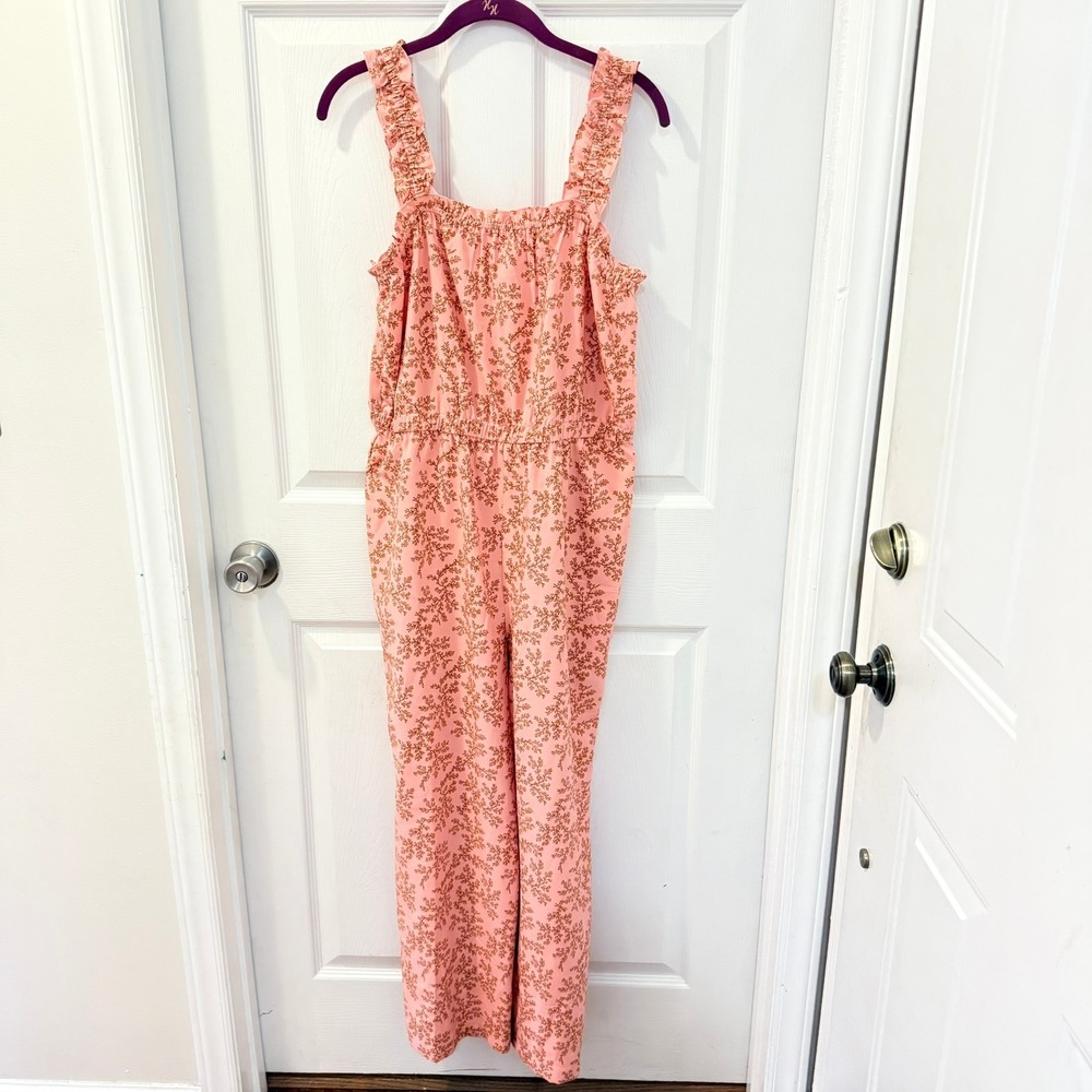 Loft Outlet Jumpsuit Large Pink Salmon Ditsy Floral Frill Ruffle‎ Strap Garden